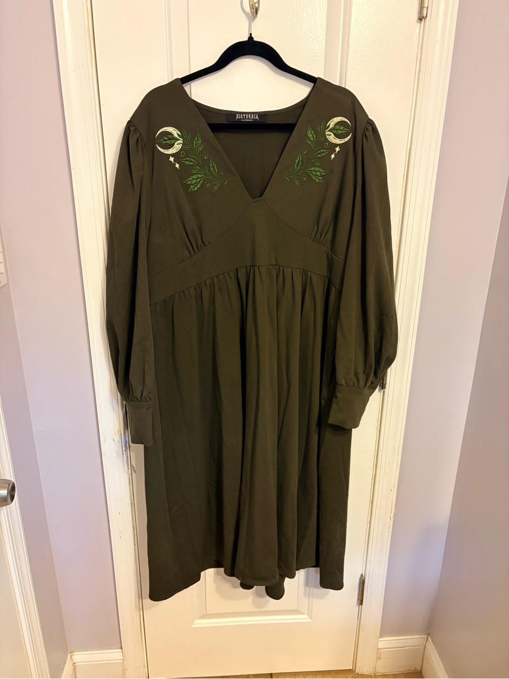 Disturbia Olive Green Long-Sleeve V-Neck Midi Dress with Green Embroidery